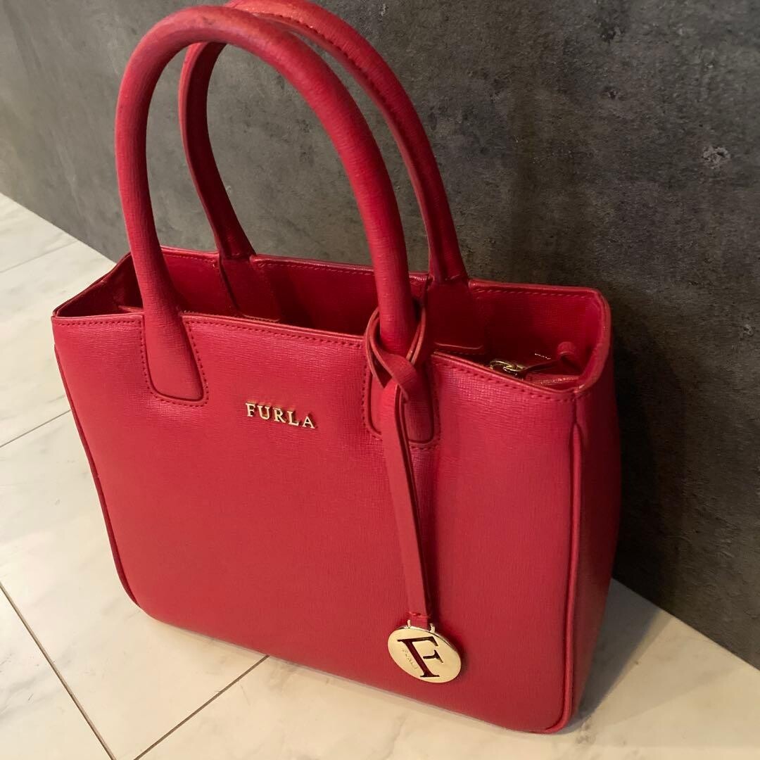 Furla Pink Leather Handbag Womens Satchel 26cm 10in Elegant Luxury Purse Bag