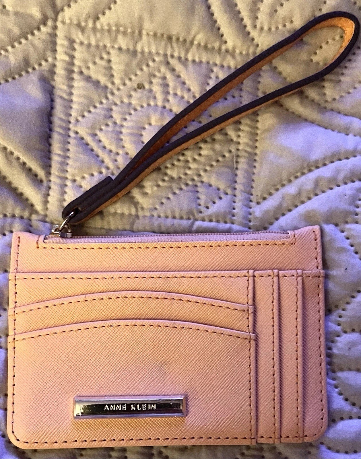 Anne Klein Wallet Card Case Coin Pouch Wristlet Zip Coin ID Peach NEW