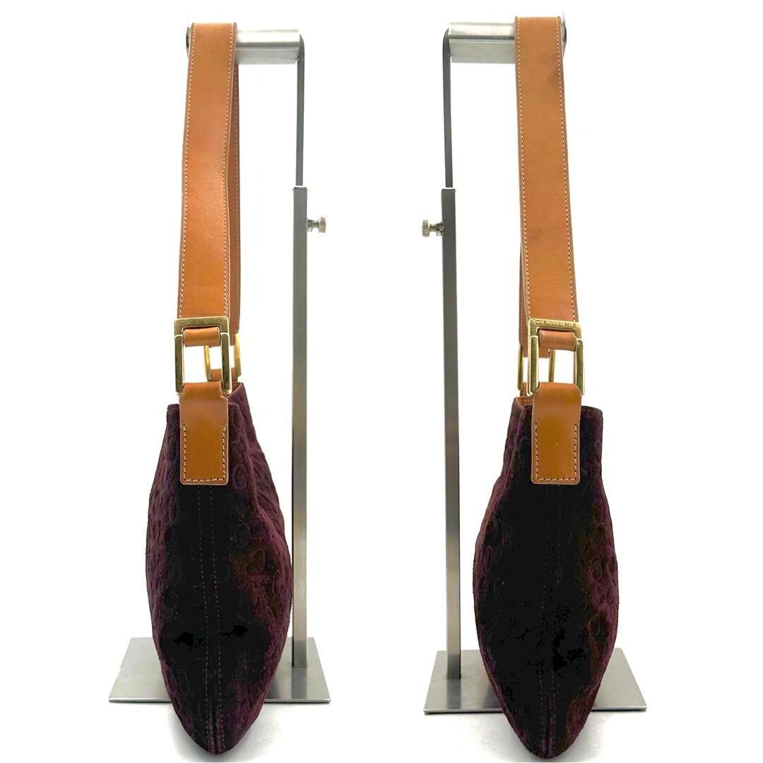 CELINE C Macadam Burgundy Suede Leather Shoulder Bag Gold Auth