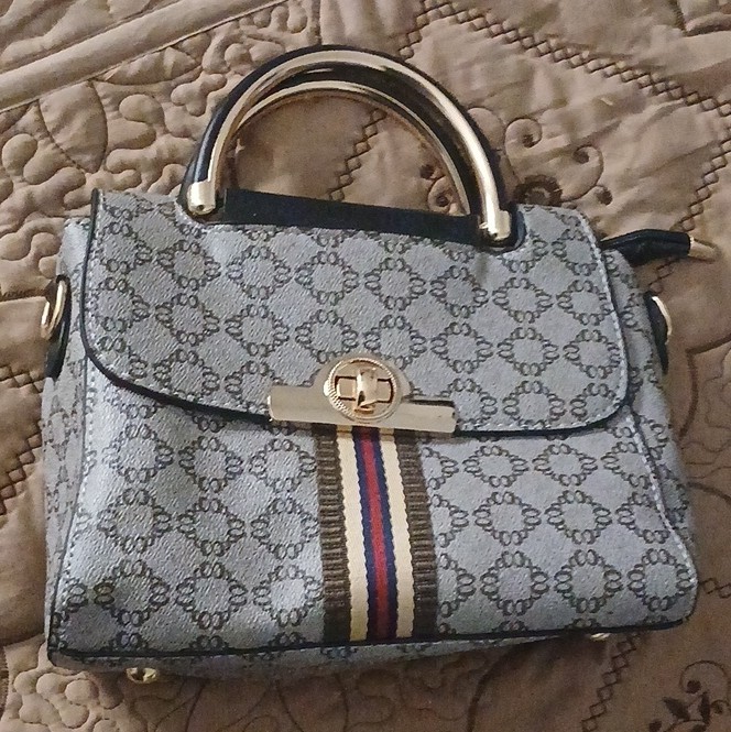 Women’s Gray Geometric Satchel Top Handle Turn-Lock Zip, Detachable Strap