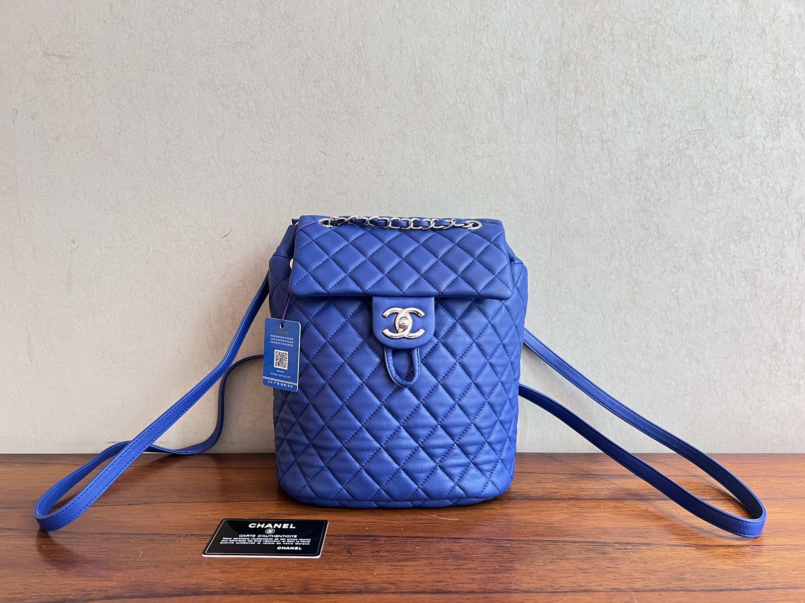 CHANEL Urban Spirit Blue Backpack Lambskin Quilted Authentic Serial