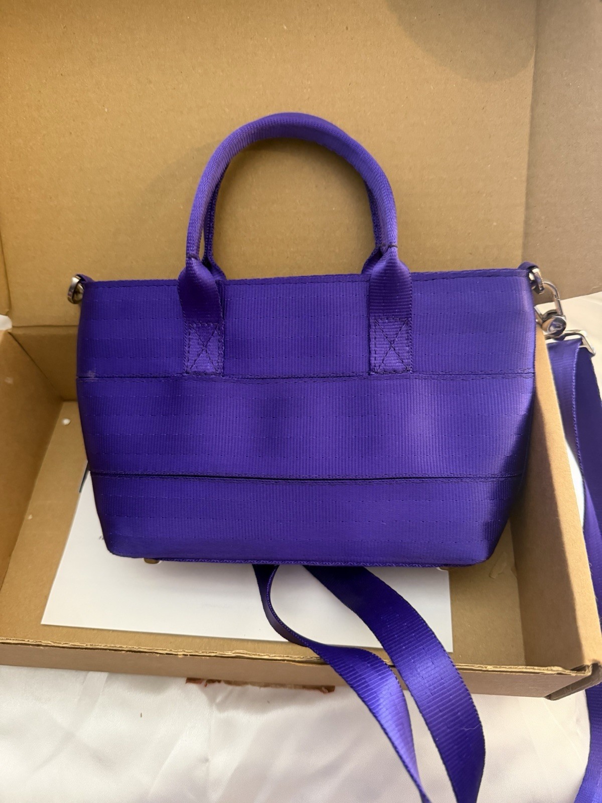 Harveys Purple Small Satchel Top Handle Bag Zip Closure Inner Pockets Strap