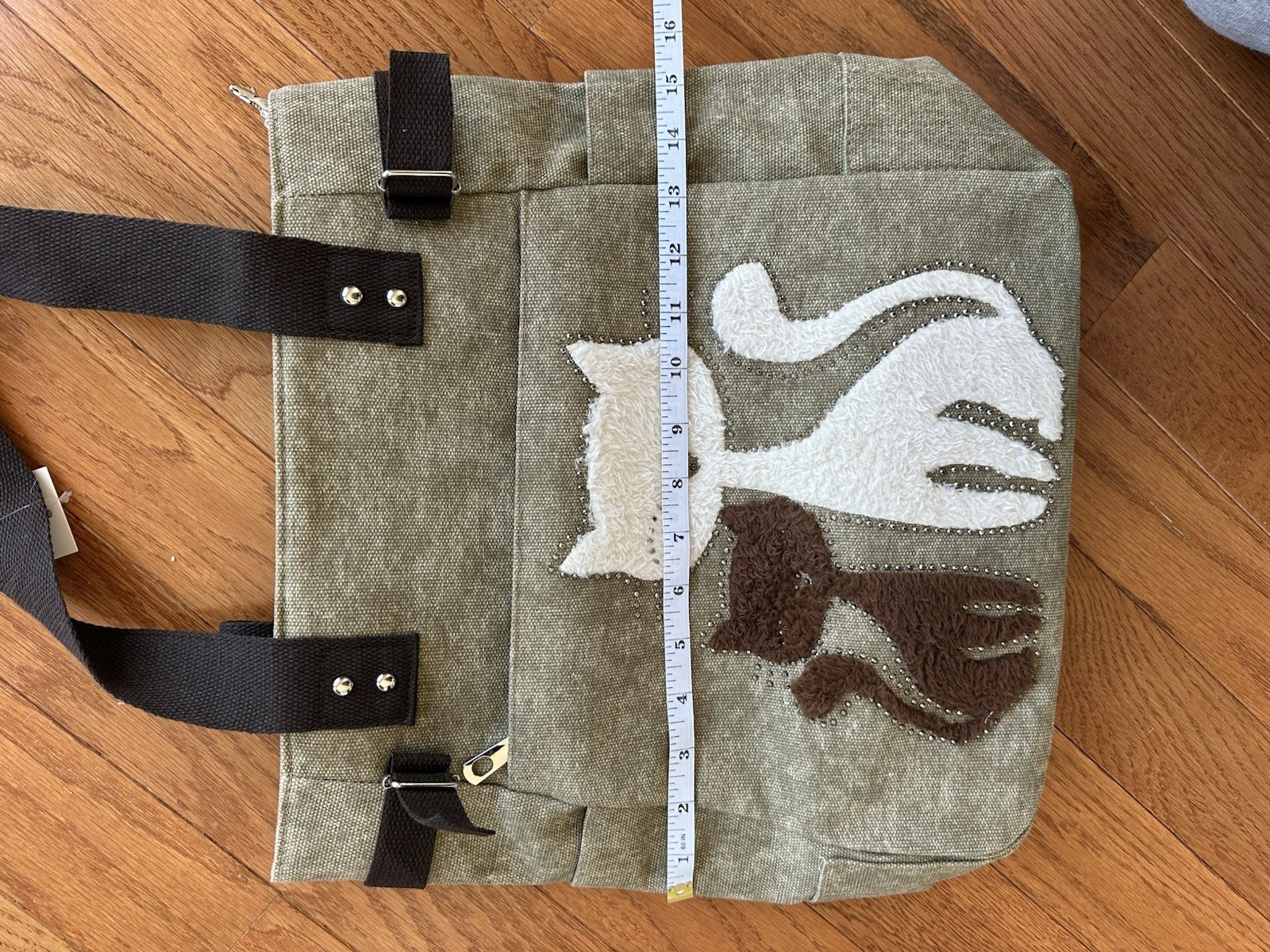 Beige Cat Embroidered Zip Canvas Tote Bag Brown Handle Inner Outer pockets