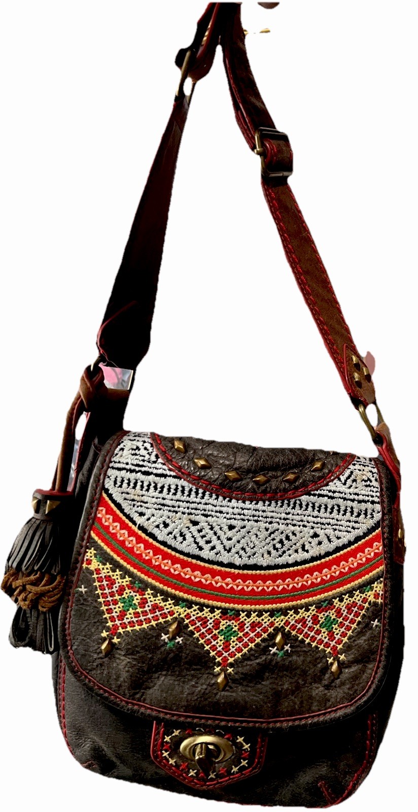 ISABELLA FIORE WINTER HAVEN Embroidered Tasseled Flap Saddle Bag Crossbody BaG