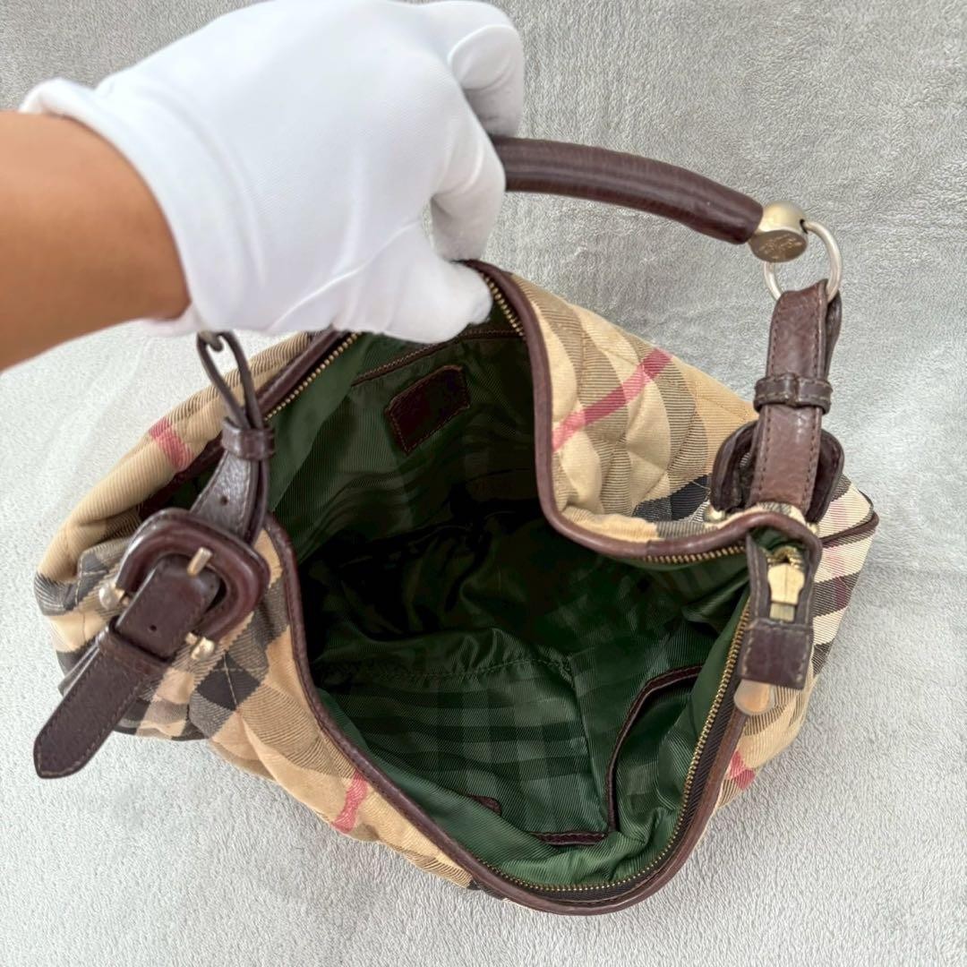 Burberry Nova Check Quilted Hobo Bag Beige Shoulder Horse Logo Auth