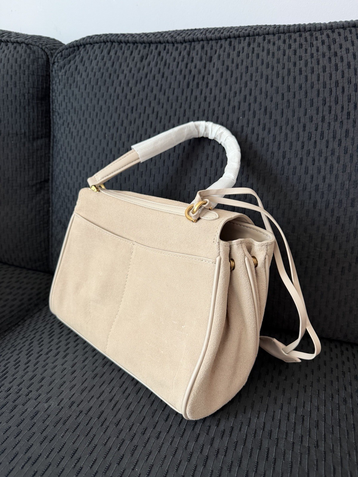 Verano Hill Beige Medium Satchel Top Handle Bag Turn Lock Gold Detach Strap