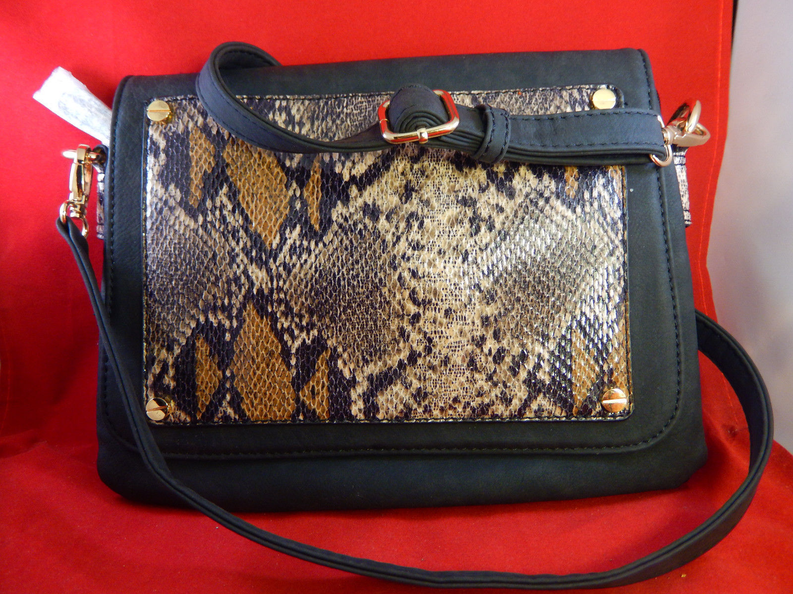 SHIRALEAH Crossbody Bag Purse Faux Snake Leather & PU Black Leather w/ Tag