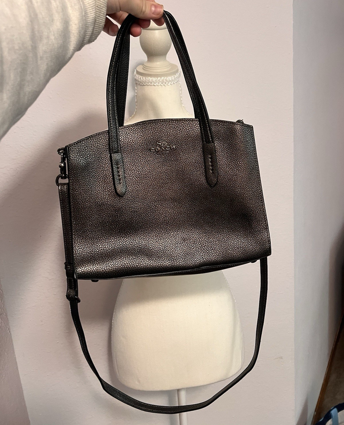 Authentic Coach Charlie Carryall in metallic graphite with Crossbody Strap