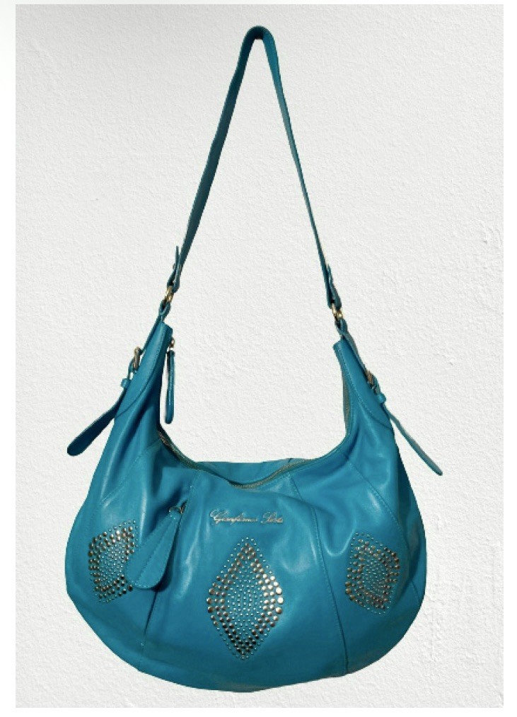 Gianfranco Sisti Women’s Blue Smooth Italian Leather Large Hobo Bag Studs Accent