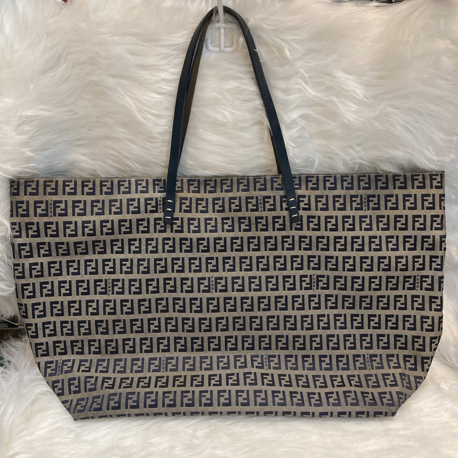 FENDI Zucchino FF Monogram Large Tote Bag Navy Canvas Leather 49cm Vintage