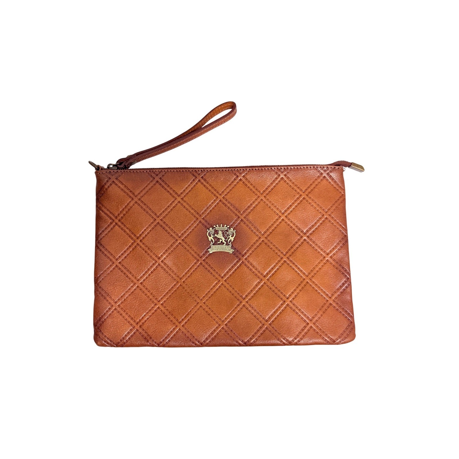 Pratesi Firenze Brown Quilted Leather Wristlet Clutch Bag Made in Italy Cognac