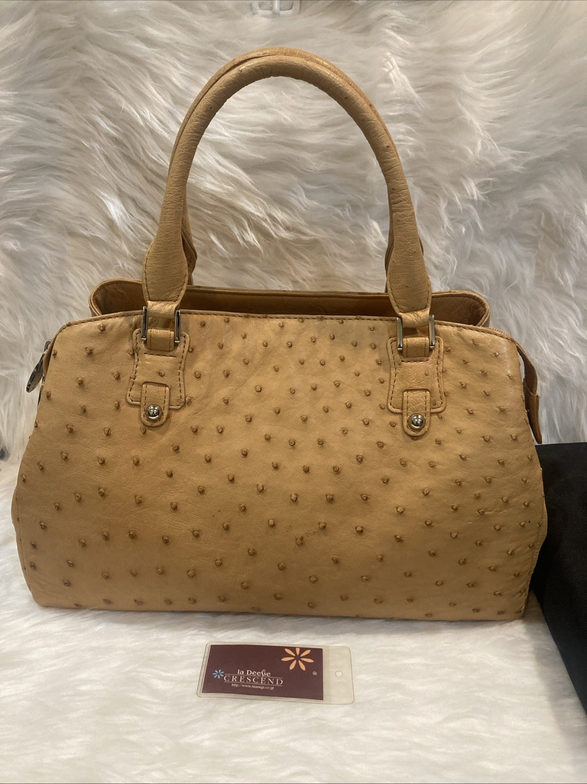 Ladeesse Crescend Genuine Ostrich Leather Handbag Camel 34cm Top Handle Bag