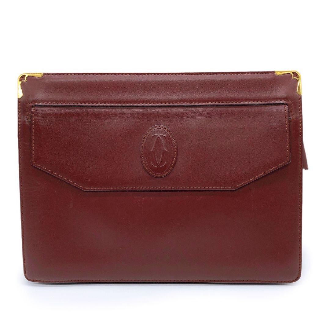 Cartier Vintage Logo Button Clutch Bag Brown Leather Accessories W10.4xH7.9in