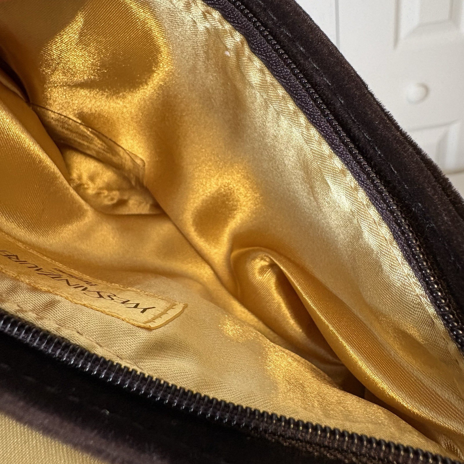 Yves Saint Laurent YSL Vintage Velvet Clutch Perfume Bag Brown With Mirror