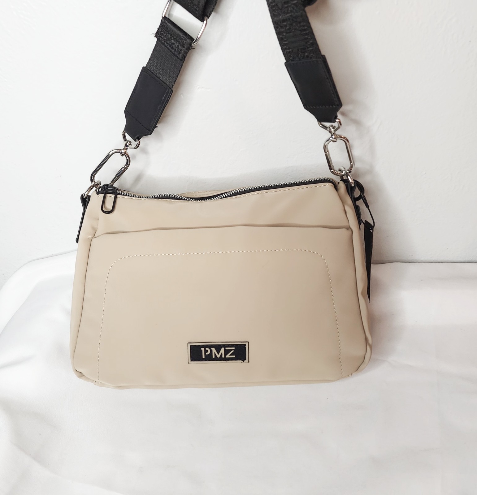 PMZ Neutral Beige Nylon Crossbody Bag with Logo Webbing Strap