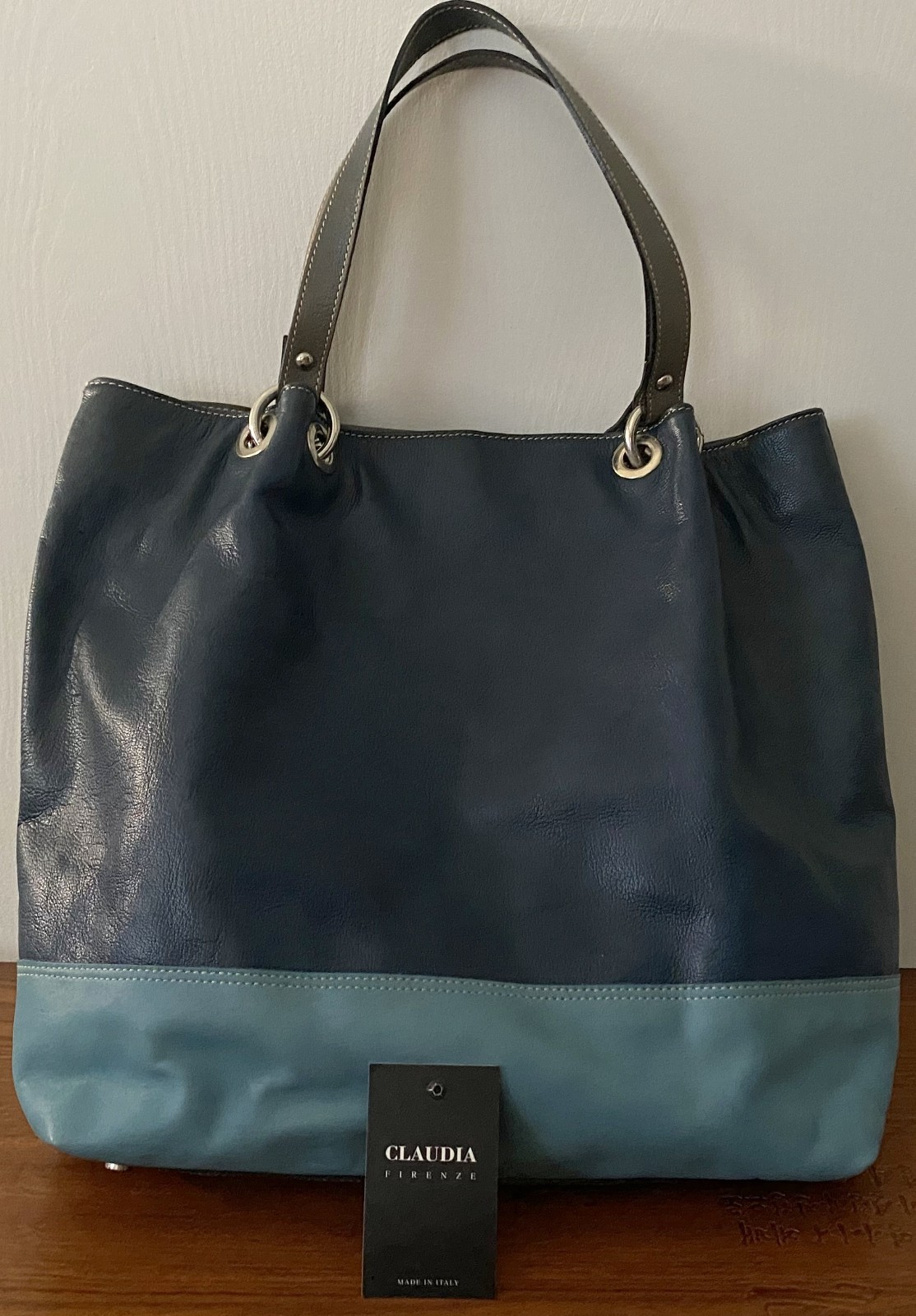 Claudia Firenze Leather Tote Shoulder Bag Hobo Purse Shopping Blue Grey Italy
