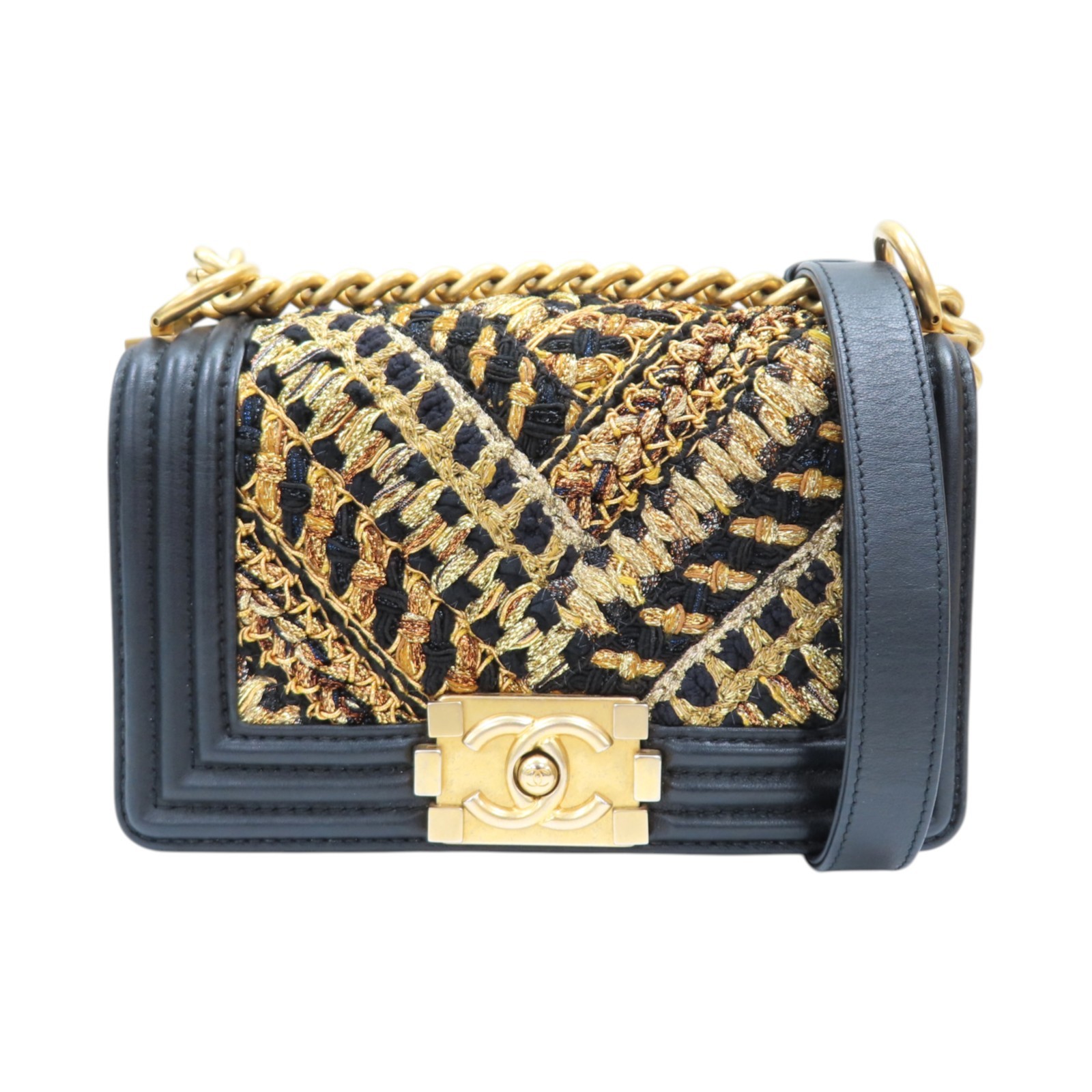CHANEL Boy 20 Shoulder Bag Black Gold Tweed Lambskin A67085