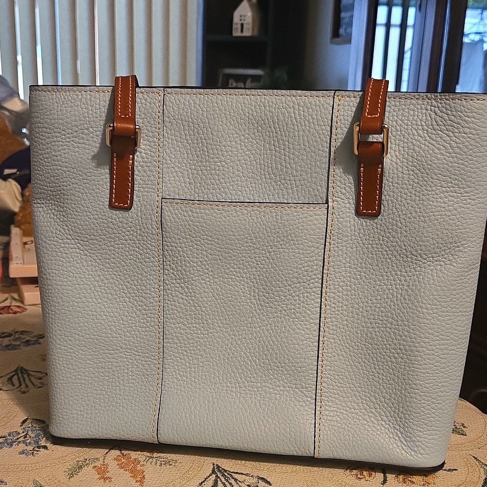 Dooney & Bourke Small Tote Light Blue/Brown Trim Zip Lined Pockets Dust Bag