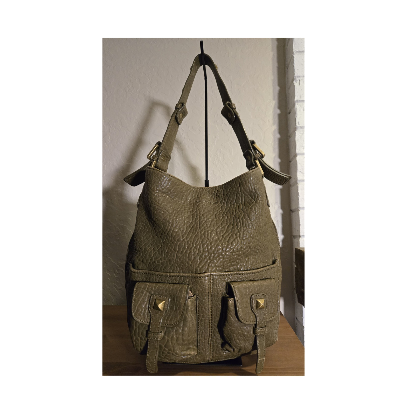 Charles Jourdan Green Pebbled Leather Shoulder Bag 12 X 12 X 5