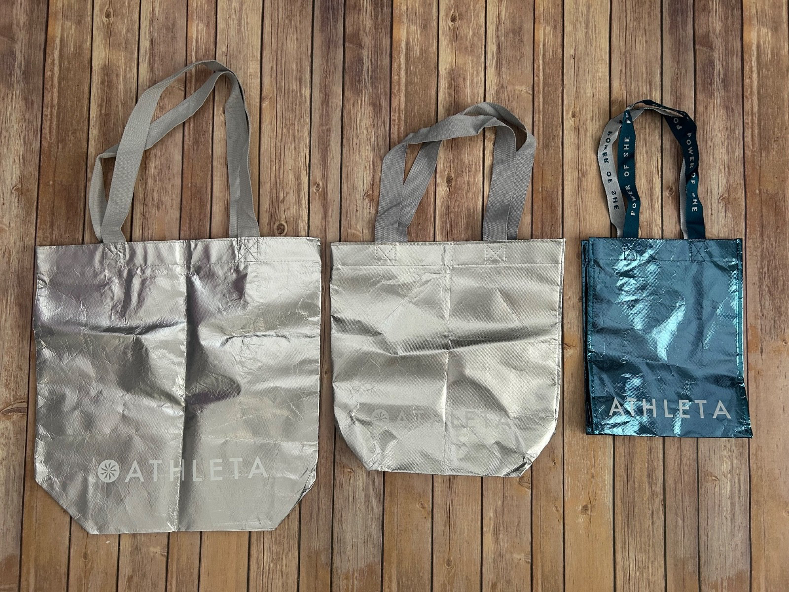 ATHLETA Shopping Reusable Tote Bags 2 Silver 1 Blue Metallic 3 Sizes