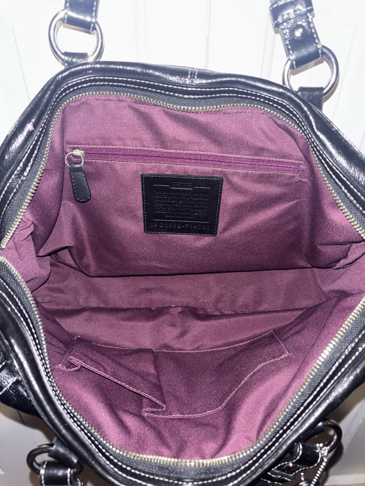 Coach Hampton Patent Black Satchel Top Handle Bag Purple Lining Pockets