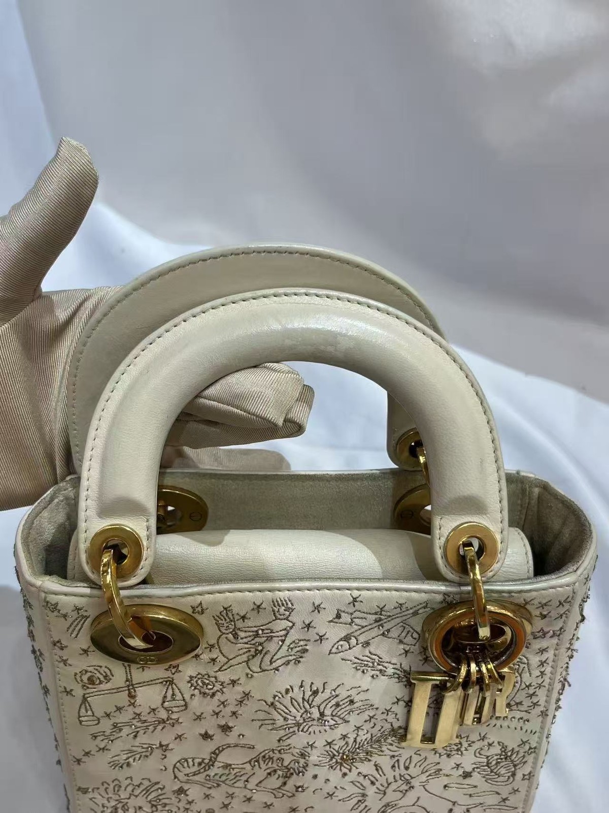 Auth Christian Dior Lady Dior Mini White Zodiac Beaded Embroidery Crossbody Bag