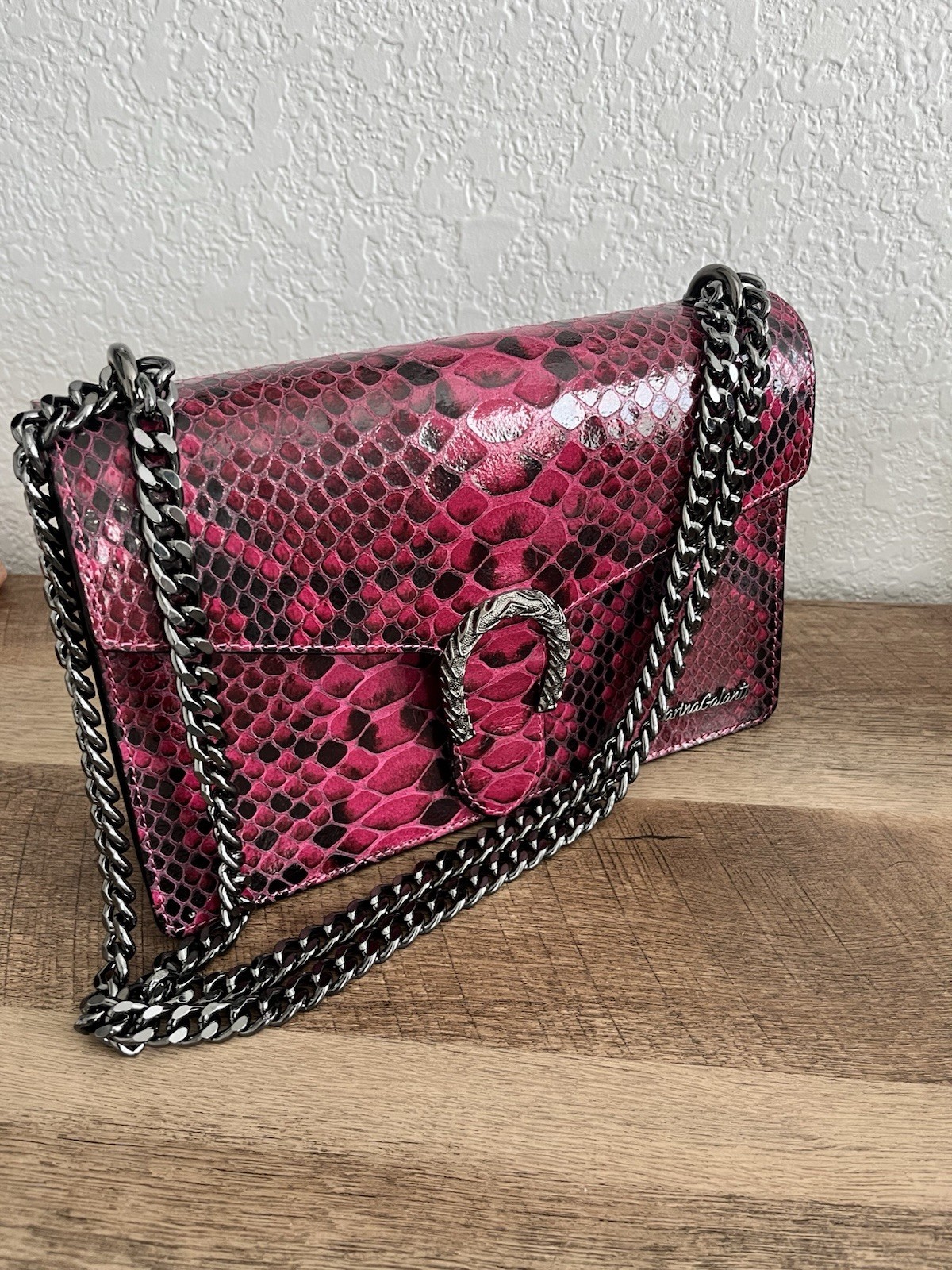 Marina Galanti Shoulder Bag Fuchsia Black Animal Print Chain Strap Buckle Accent