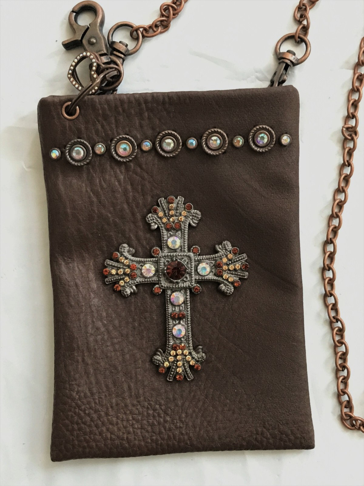 CROSS RHINESTONES BAG Brown Cross Metal Chain 4.5 in x 6.25 in NWOT