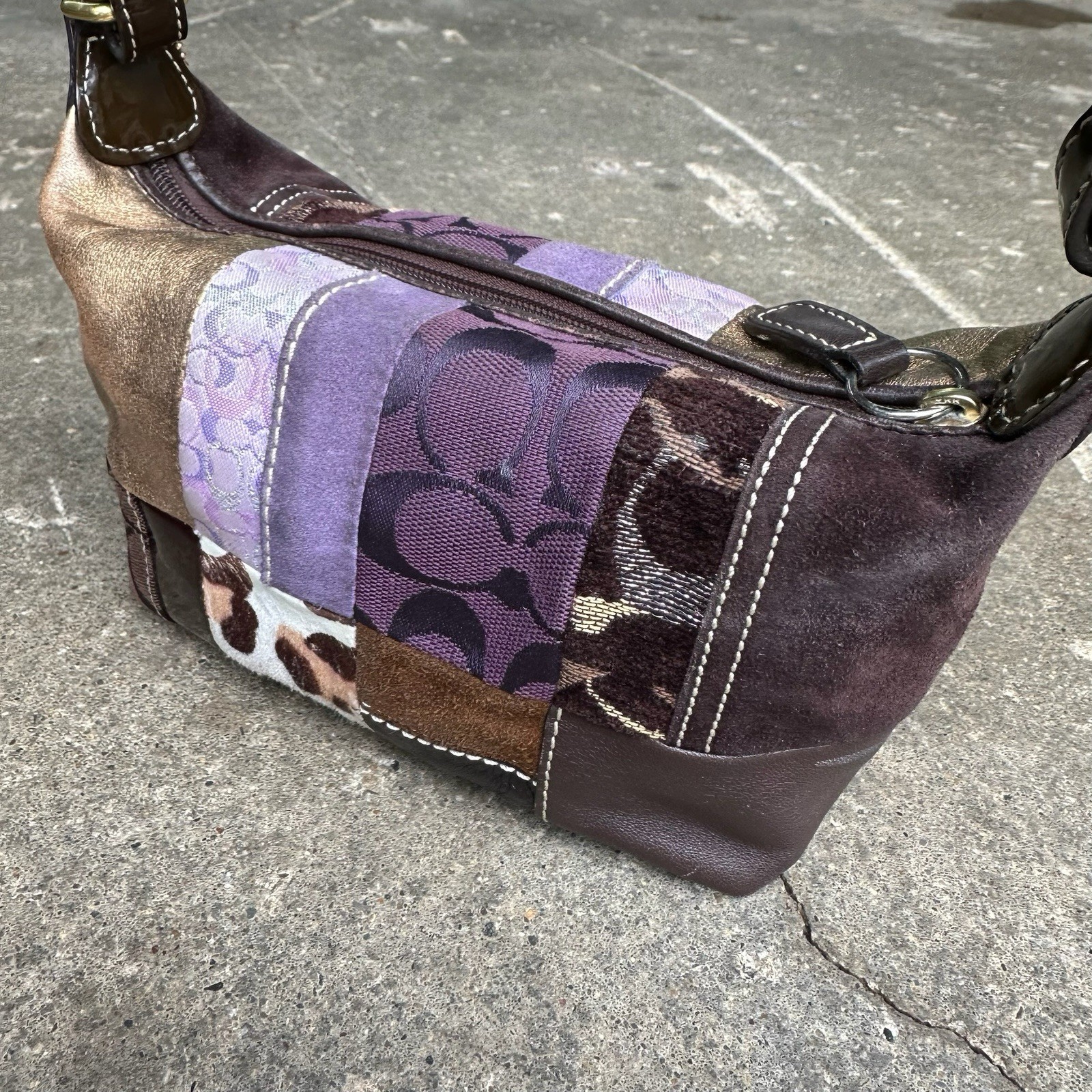 Coach Patchwork Small Hobo Shoulder Bag Brown Purple Leather Suede Y2K G2U