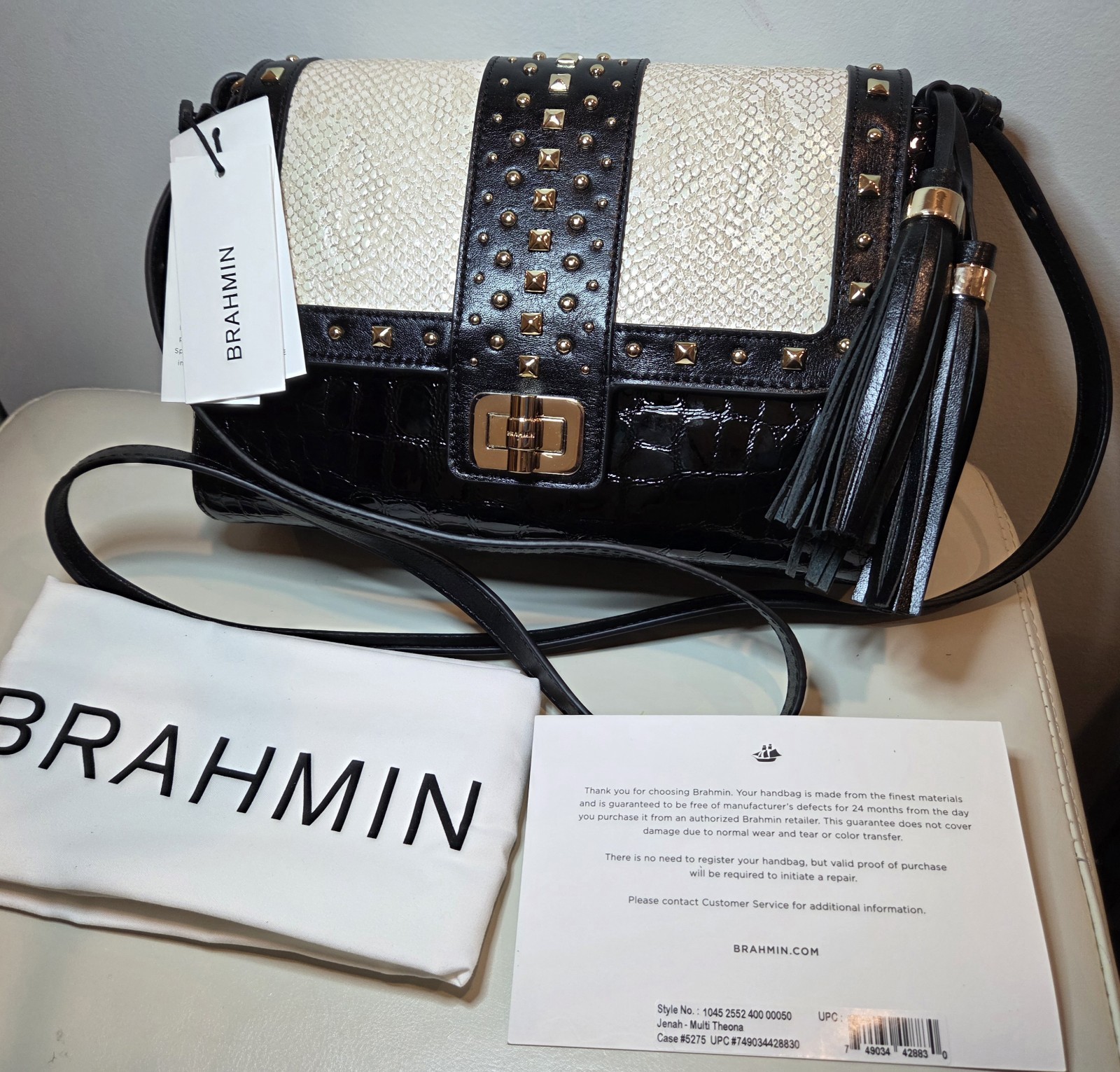 NWT Brahmin Jenah Black Iridescent Gold Studded Crossbody Shoulder Bag Dustbag