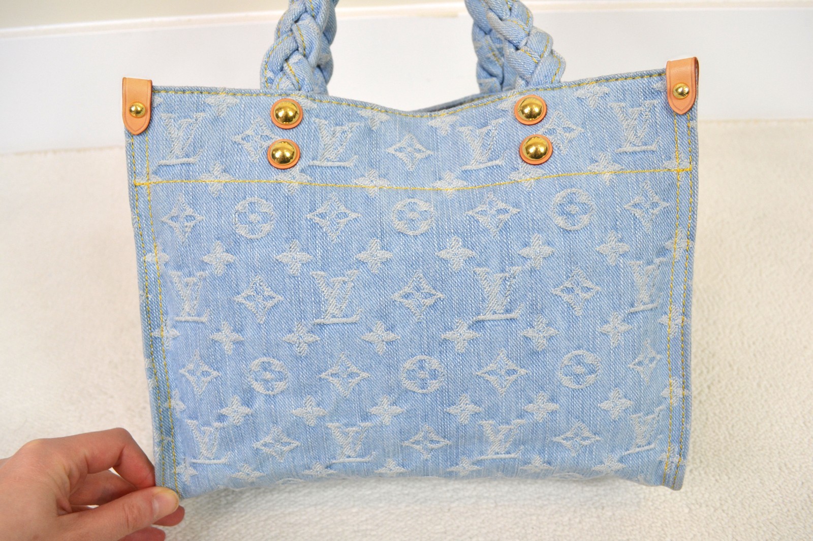 Louis Vuitton Onthego PM Sky Blue Denim Leather Shoulder Bag Handbag Purse