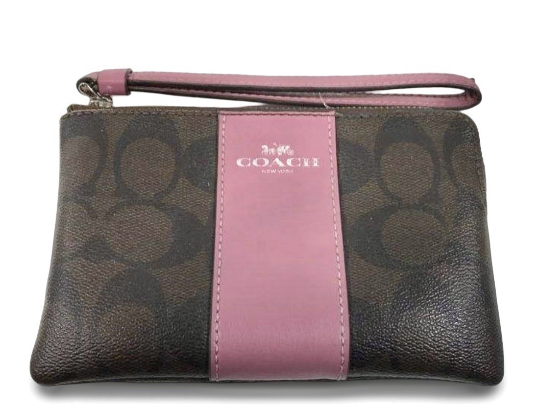 Coach Signature Corner Zip Wristlet Rose/Mahogany PVC Canvas Leather F58035