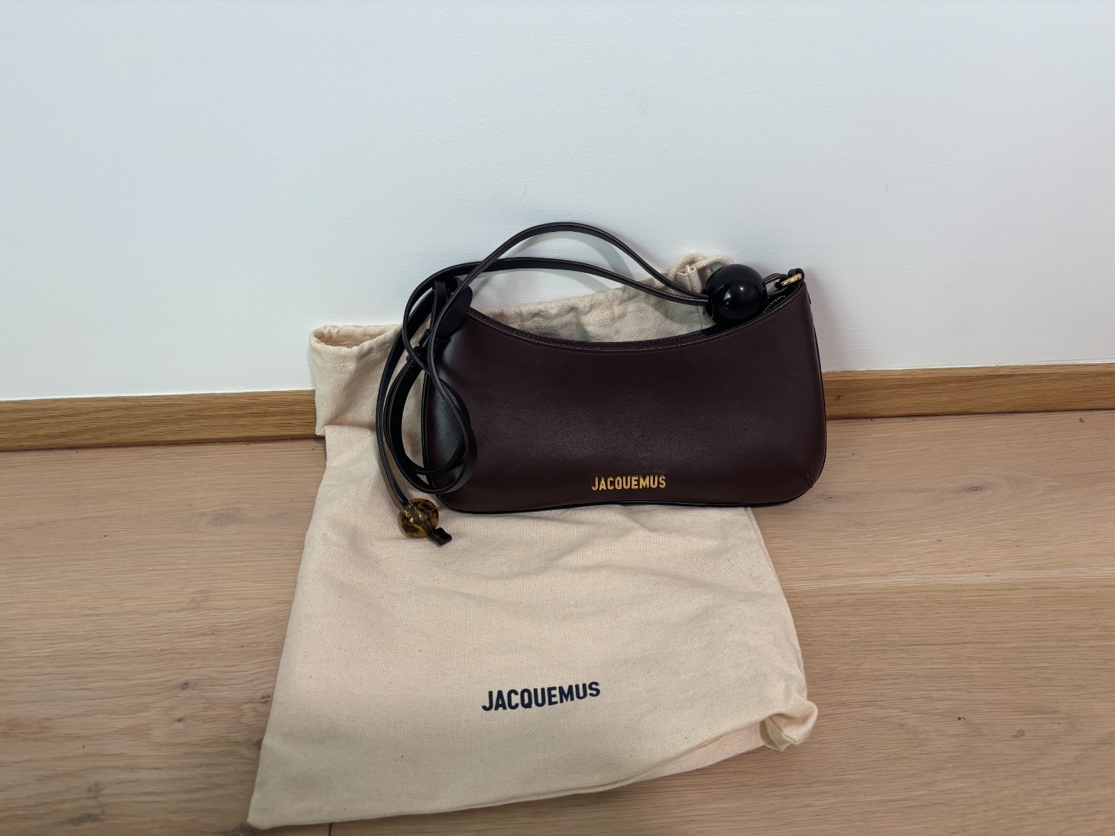 Jacquemus Le Bisou Perle Shoulder Bag Dark Brown Leather – Gold Hardware – Dust