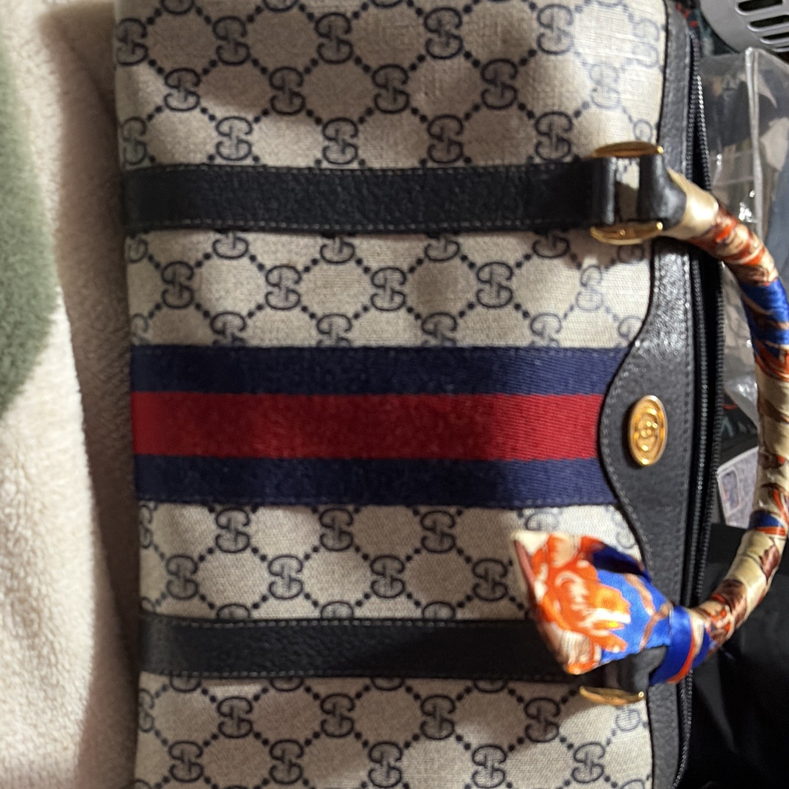 Gucci GG Monogram Top Handle Satchel w/ Web Stripe Zip, Gold HW, Charm