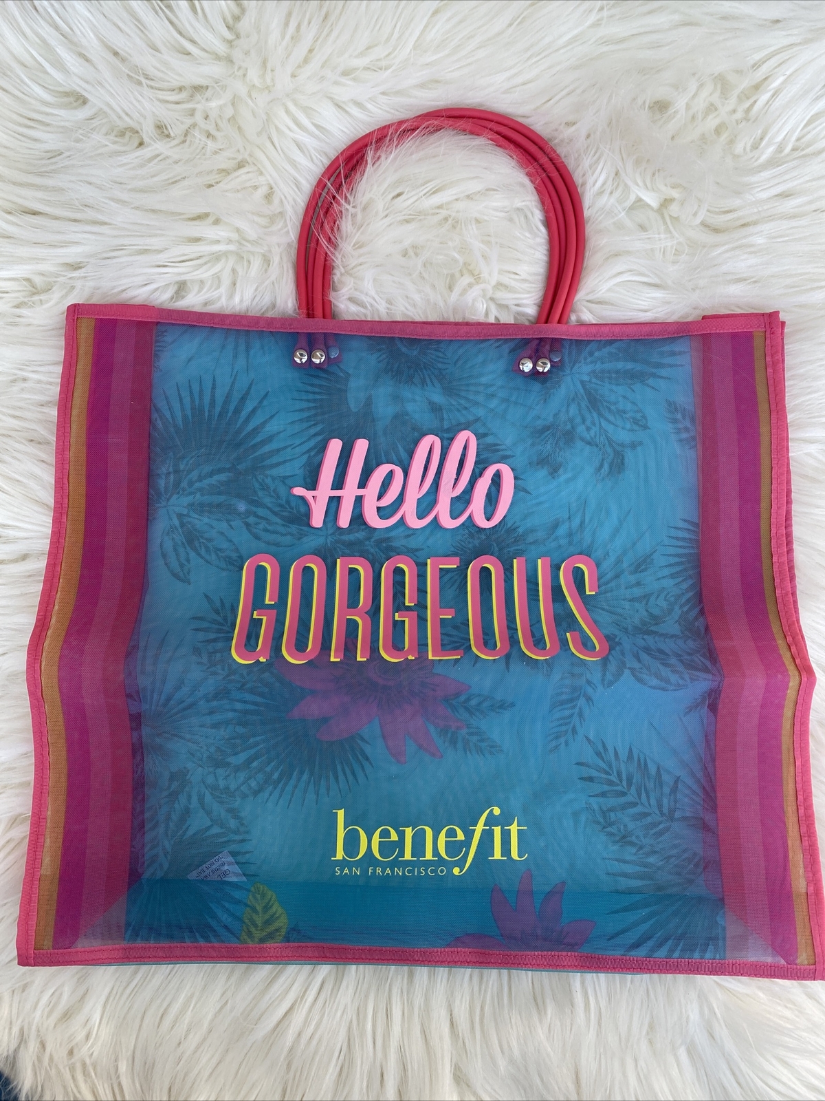 Benefit Cosmetics HELLO GORGEOUS LARGE MESH TOTE BEACH BAG NEW