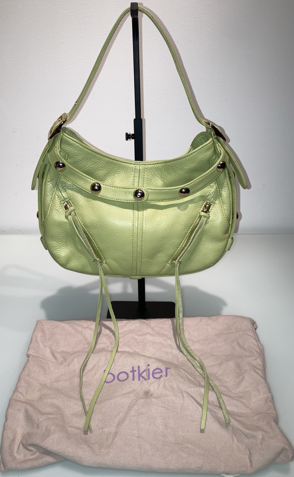 BOTKIER VINTAGE RARE TRIGGER SMALL FRINGE HOBO SATCHEL IN PISTACHIO PEBBLE LTHR!