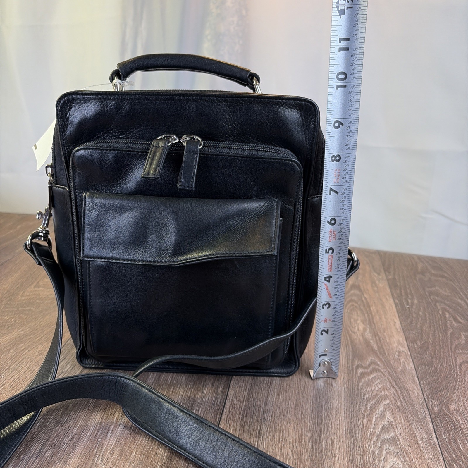 Perlina Black Leather Crossbody Bag Multi Zip Organizer Messenger Handbag