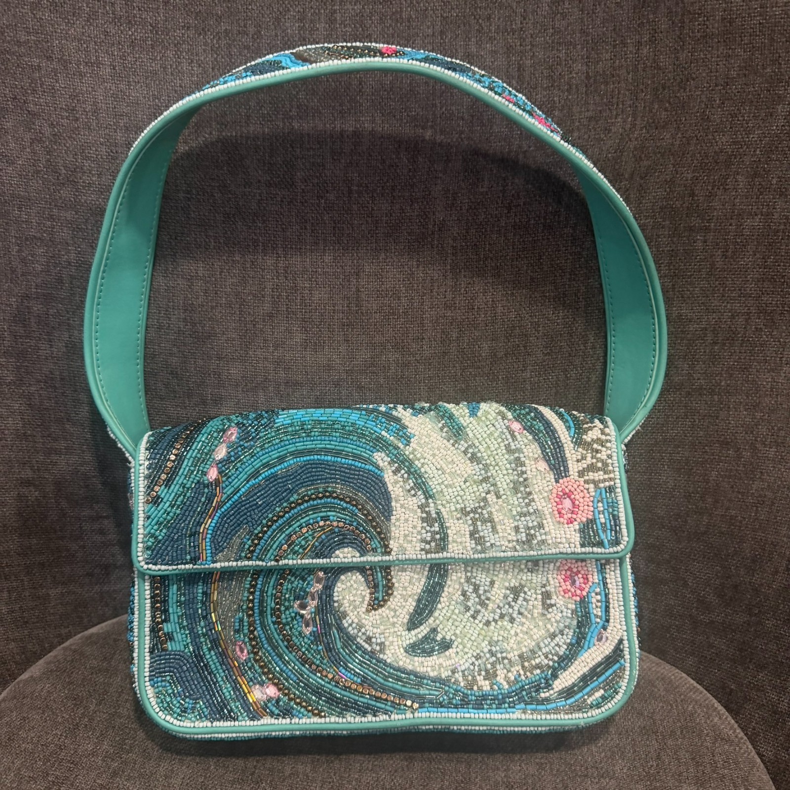 STAUD Beaded Tidal Wave Tommy Shoulder Bag Blue SAMPLE New