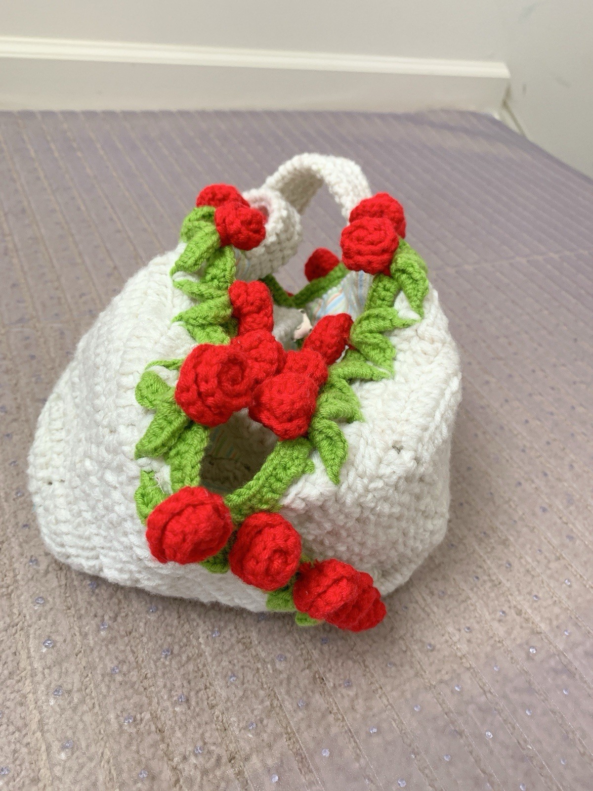 Handmade White Top Handle Bag, Floral Applique, Red Flowers Green Leaves