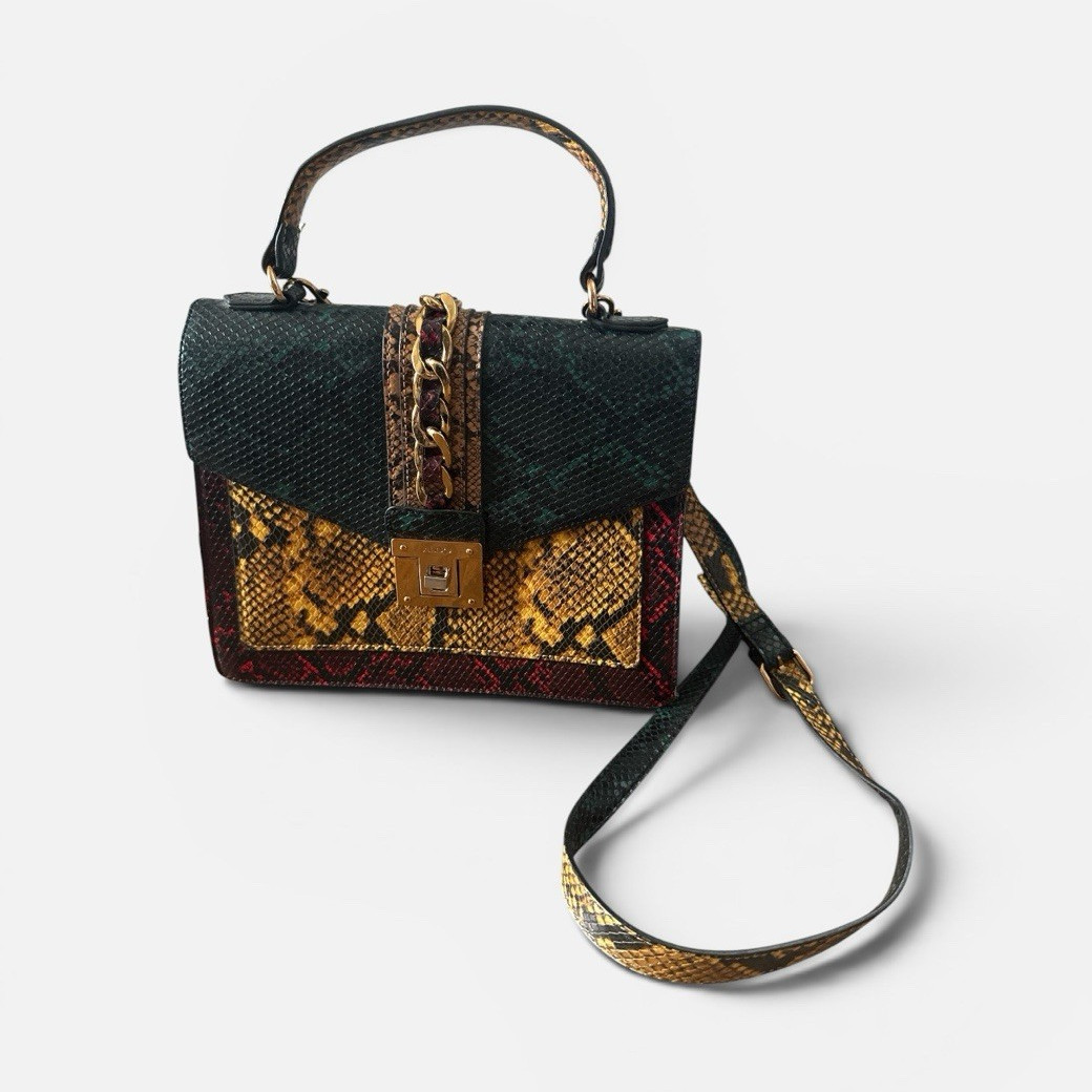 Snake Animal Print Satchel Top Handle Bag Detachable Crossbody Strap Gold HW