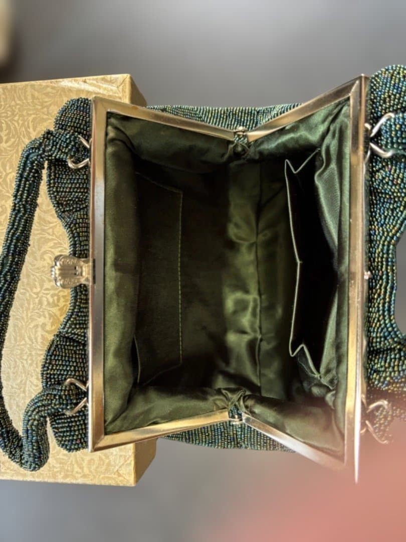 Japanese Beaded Bag Dark Green 9×6.7×6.5 Inches Un All Beads