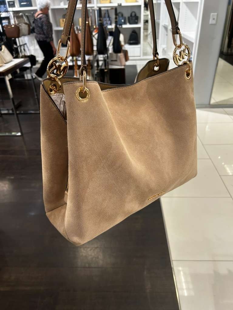 Michael Kors Christina Lady MK Large Suede Handbag Purse Shoulder Tote Camel Bag