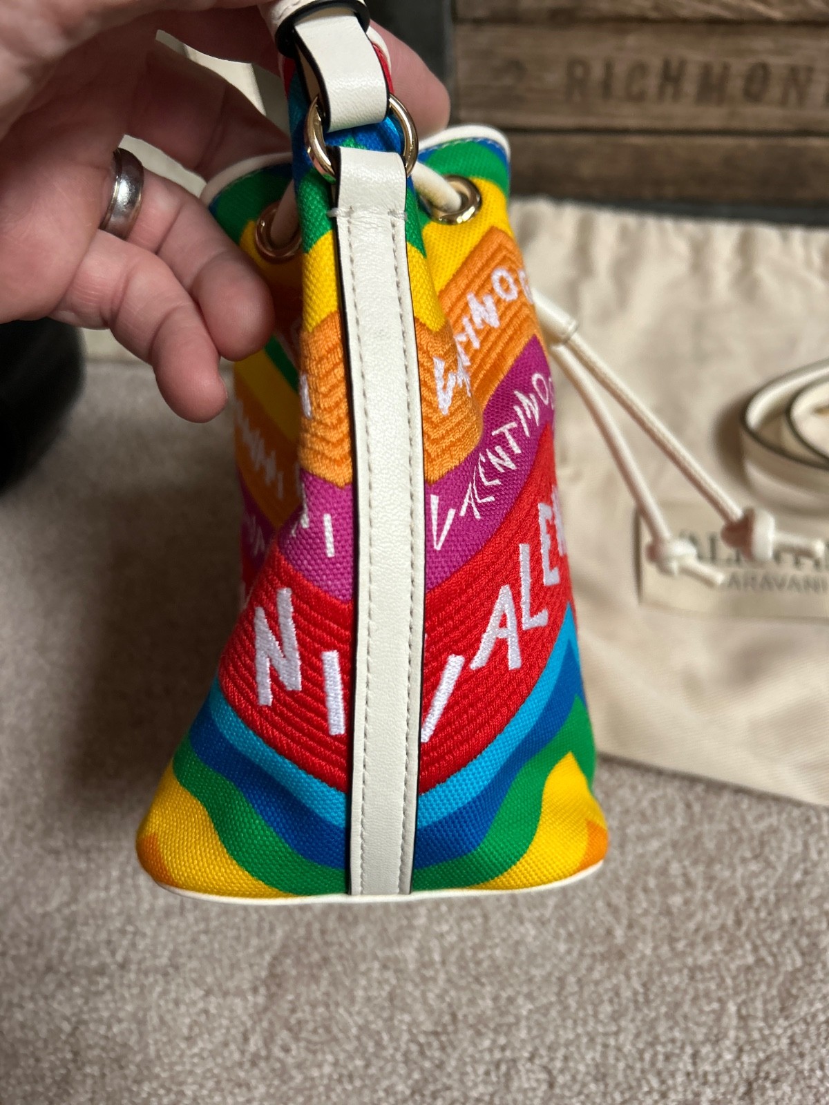 $1750 VALENTINO “Escape” VLogo Mini canvas bucket bag – Chevron24 Rainbow print