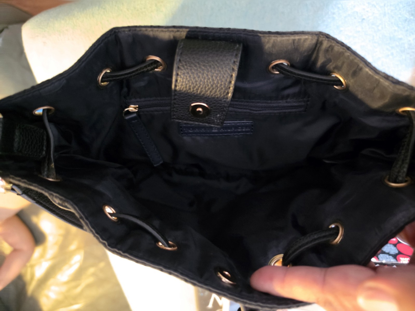 Tommy Hilfiger Black Monogram Drawstring Bucket Bag, Medium, Detachable Strap