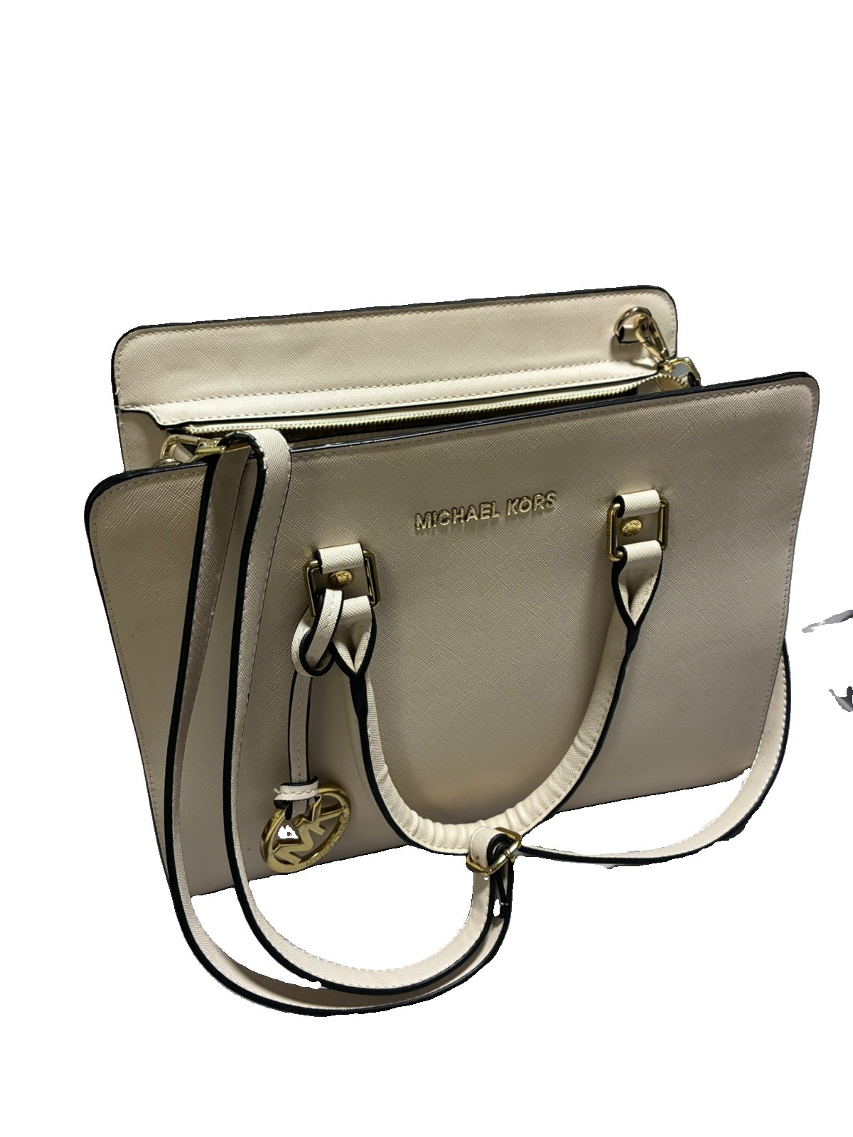 Michael Kors Beige Saffiano Leather Crossbody Satchel Bag Gold Hardware