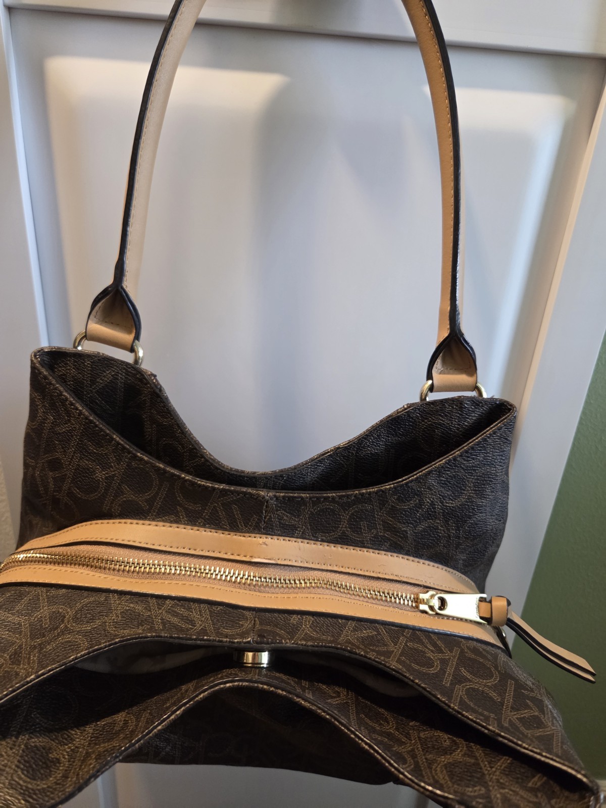Calvin Klein Women’s Brown Monogram Double Handle Hobo Bag FREE SHIPPING