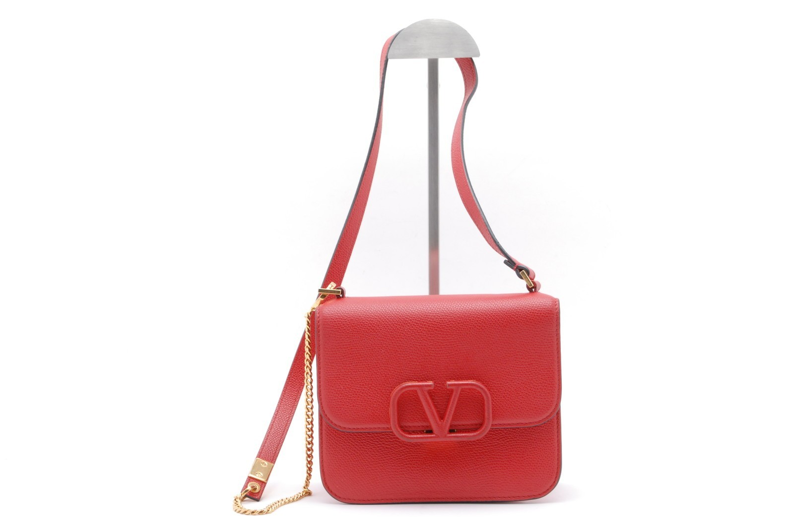 Valentino Garavani VLogo Red Leather Crossbody Shoulder Bag Gold Chain