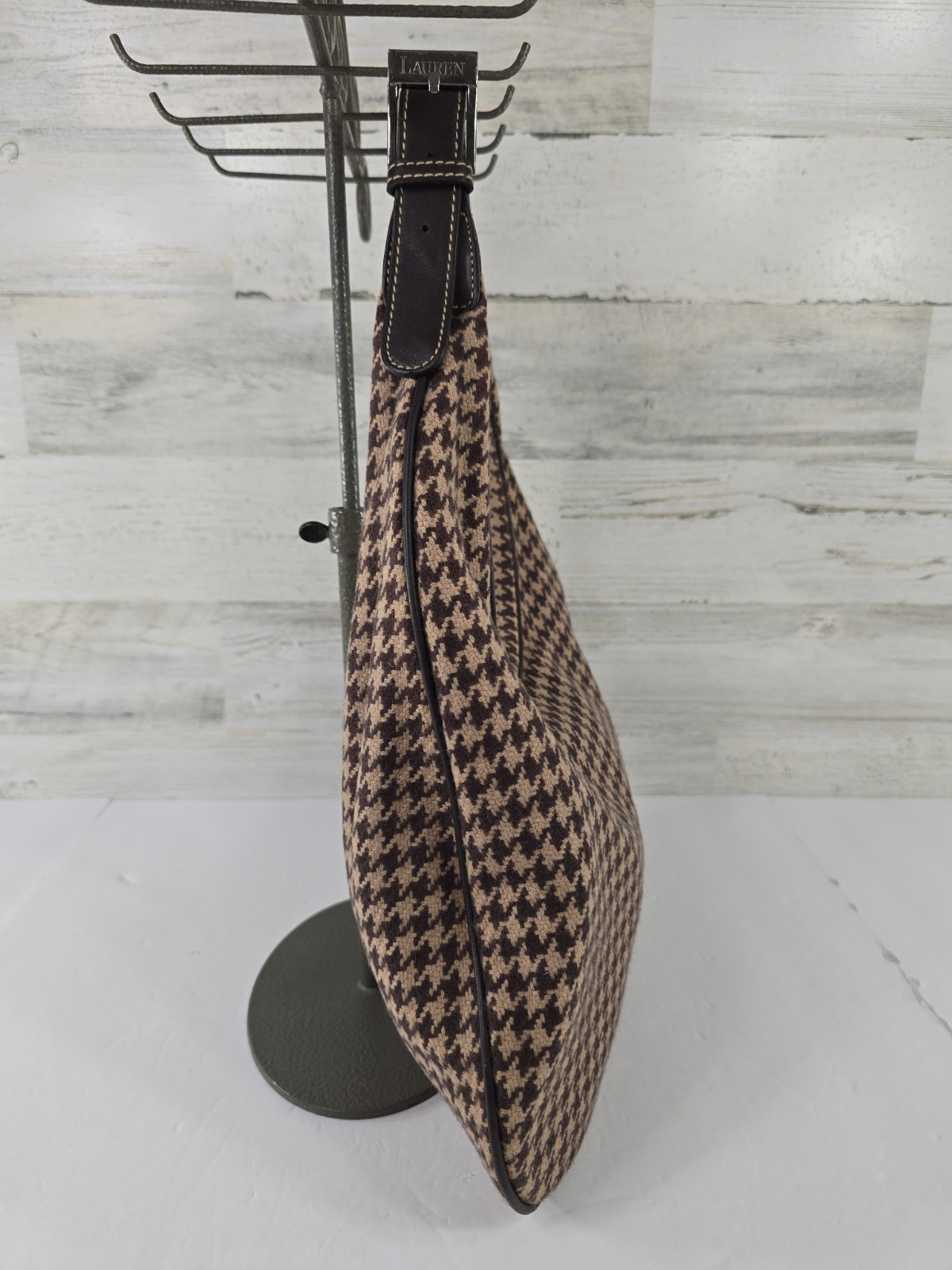 Lauren Ralph Lauren Brown Houndstooth Shoulder Bag Wool Blend Made in Korea Y2K.