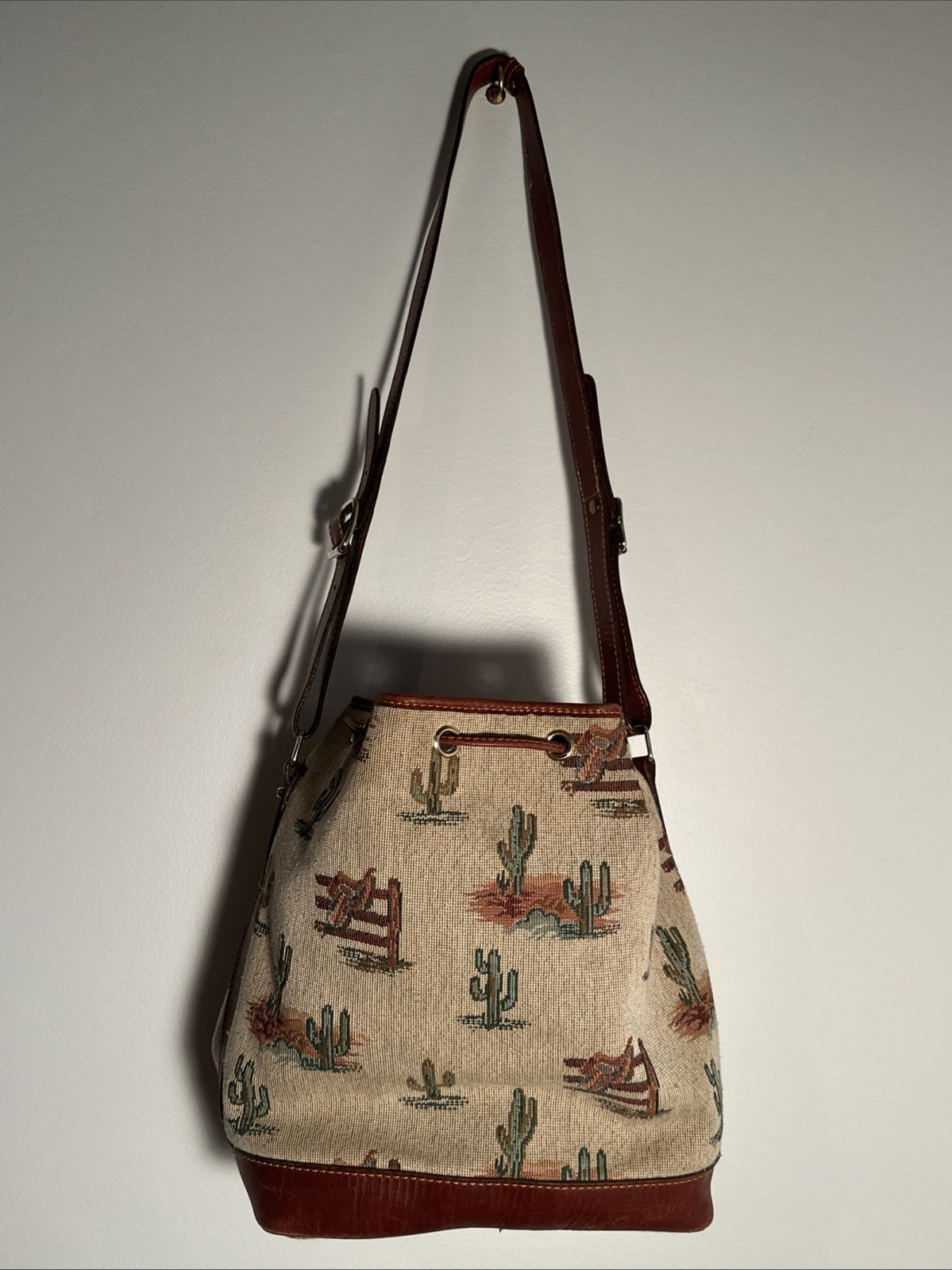 Leather Durban Ranch Cactus/ Western Drawstring Slouch Shoulder Bag