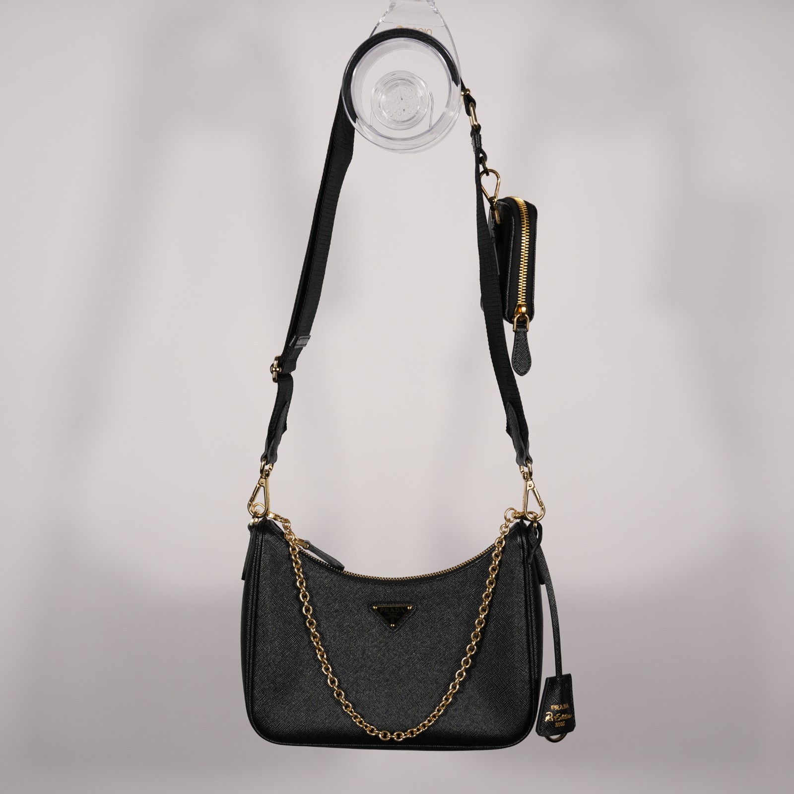 PRADA Re-Edition 2005 Black Gold Saffiano Leather Shoulder Bag with Pouch